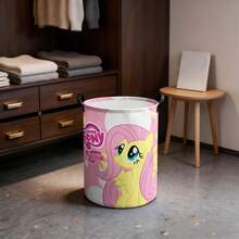 Miniso 粉色圓點底色我的小馬寶莉Fluttershy角色與Logo印花可折疊防水洗衣籃，便攜手把衣服收納整理箱 - 彩色 - 查看 2