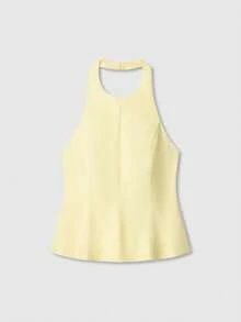 Top corto con cuello de halter y espalda descubierta, color amarillo mantequilla, para verano - Amarillo - Ver 1
