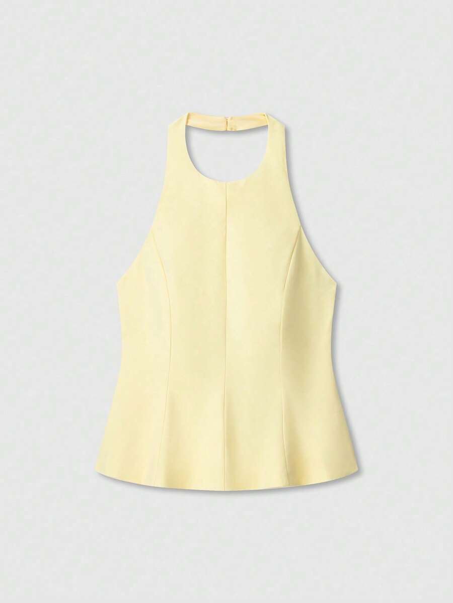 Top corto con cuello de halter y espalda descubierta, color amarillo mantequilla, para verano - Amarillo - Ver 1