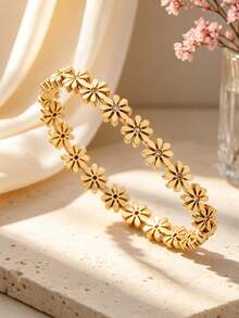 VceTd 1 Set Naturalistic Style Stainless Steel Jewelry Set For Women With Glass Decor Flower Elements, Includes Bracelet And Ring, Suitable For Fashionable Outfits Or Commuting, Perfect Holiday Gift For Female Friends - Yellow Gold - View 6