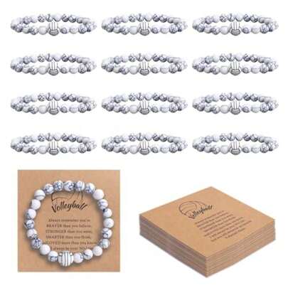 12 Sets Volleyball Bracelet Team Gifts Adjustable Black White Stone Beaded Charm Bracelet With Inspirational Card Bulk Party Favors Volleyball Gifts For Team Players Women Men