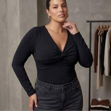 Wrap Bodysuit With Front Detail, Deep Neckline, Long Sleeves - Black - View 3