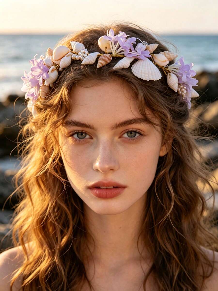 1 buah Bando Wanita Gaya Mori Motif Bunga dan Kerang Buatan Tangan Warna Putih Aksesori Rambut Pantai Aksesori Pesta Musim Semi Luar Ruangan Hiasan Kepala Pengantin Pernikahan - Purple - View 1
