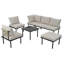 Set Of 6 Garden Lounge Chairs With Galvanized Iron Frame, Beige Braided Rope, Adjustable Feet And Smooth Glass Top. Seat And Back Cushions Included. - Beige - View 7