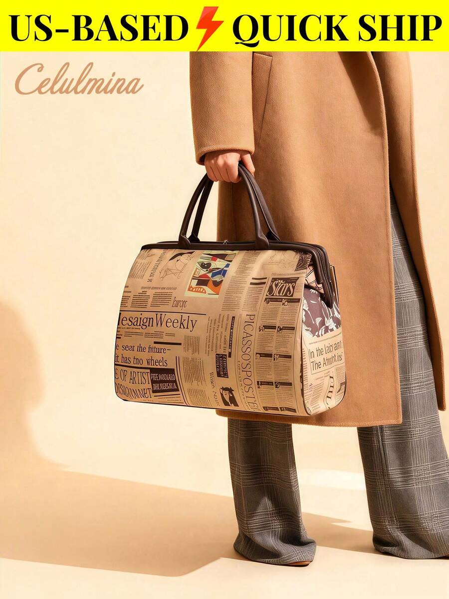 Ladies' Vintage Newspaper Print Canvas Handbag/Tote Bag/ Purses, Beach Bag,Perfect For Commute Or Back To School Travel Essential The Best Gift - 彩色 - 查看 1