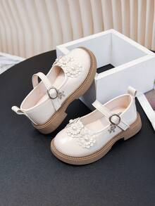 Spring/Autumn New Girls' Princess Shoes With 3D Petal And Pearl Decor, Soft Sole, Breathable, For Party And Banquet - Beige - View 4