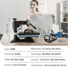 Heat Press, 5-In-1 Heat Press Machine 12x15, Precise Digital Temperature Control, Clamshell Sublimation Transfer Printer, Fast Heating, Vinyl Heat Press For Mugs, Cups, T-Shirt Plates, 900W - 查看 7