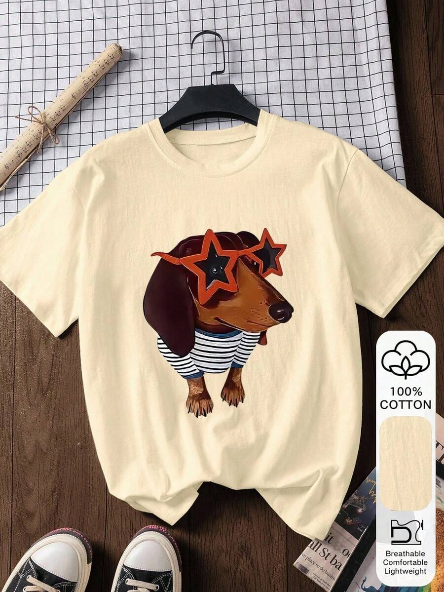 Estampado de Dachshund, Camiseta de manga corta de 100% algodón para mujer, Camiseta blanca de manga corta, Camisetas gráficas, Ropa de verano blanca, Ropa de verano casual, Camisetas de alg - Albaricoque - Ver 1