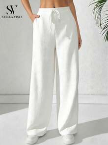Women's Linen Palazzo Pants, Adjustable Waist With Drawstring, Side Pockets, Casual And Breathable For Vacations - 白色 - 查看 1