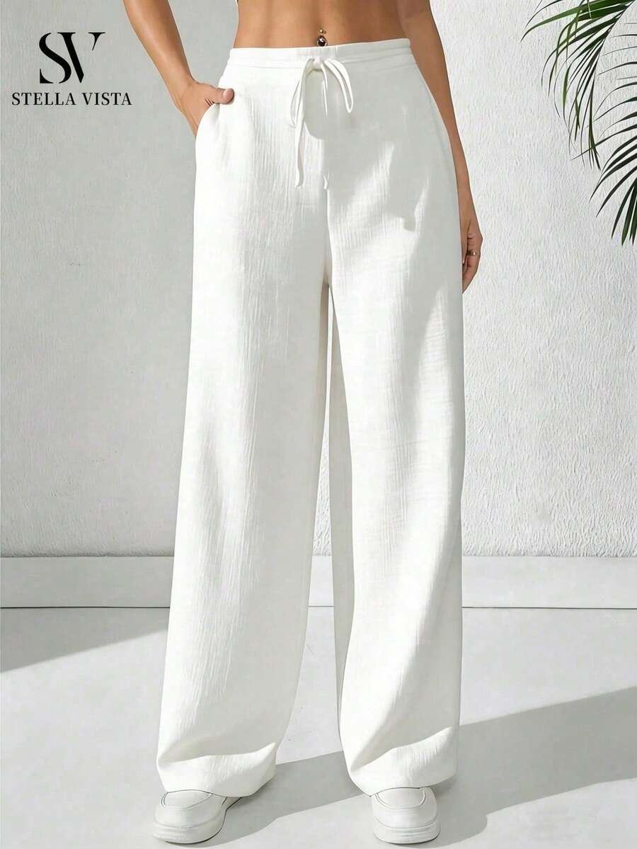 Women's Linen Palazzo Pants, Adjustable Waist With Drawstring, Side Pockets, Casual And Breathable For Vacations - 白色 - 查看 1