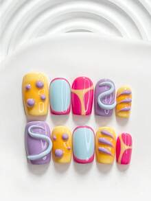 10Pcs Fresh Style Handmade Press On Nail,Polygel Nail Set,Linear Designs,Yellow,Blue,Purple And Rose Pink Nail Polish,Vibrant Style,Includes Nail Tools,3 Sizes Available,Square,Short Square,Almond,Nails For Party,Dance,Daily Wear. - 彩色 - 查看 4