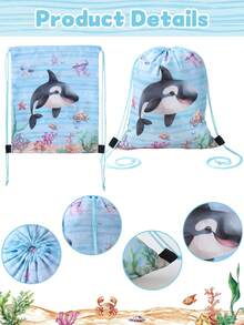 6入海洋動物主題抽繩袋，束口小袋，禮品包裝用品，禮品包裝袋，生日派對用品，兒童生日禮物，零食收納袋，派對袋，糖果袋，派對袋填充物，嬰兒派對裝飾，派對伴手禮，派對禮物 - 海洋動物 - 查看 12