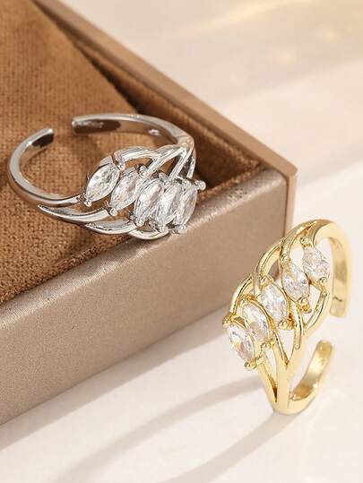 Nhẫn hở mạ vàng đính đá Cubic Zirconia cắt hình thoi, nhẫn CZ xoắn rỗng điều chỉnh được phong cách, phù hợp làm quà tặng trang sức hàng ngày và tiệc tùng cho thanh thiếu niên