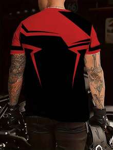 Men's Contrast Color Geometric Pattern Short Sleeve T-Shirt - Red - View 4