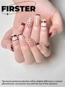 10 Stück mittel-kurze quadratische handgefertigte Press-On Nägel, Nude & Burgunder Kunstnägel, gepunktet, gestreift & French Manicure, glänzendes Finish, wiederverwendbare Acryl-Nägel, geeignet für den täglichen Gebrauch - Verschiedenfarbig - Übersicht 4