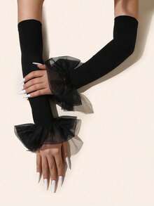 1 Pair Sheer Ruffle Long Sleeve Sun Protection Arm Warmers, Gothic Style Fingerless Arm Sleeves, Suitable For Halloween Cosplay Party Costume Sun Protection - Black - View 1