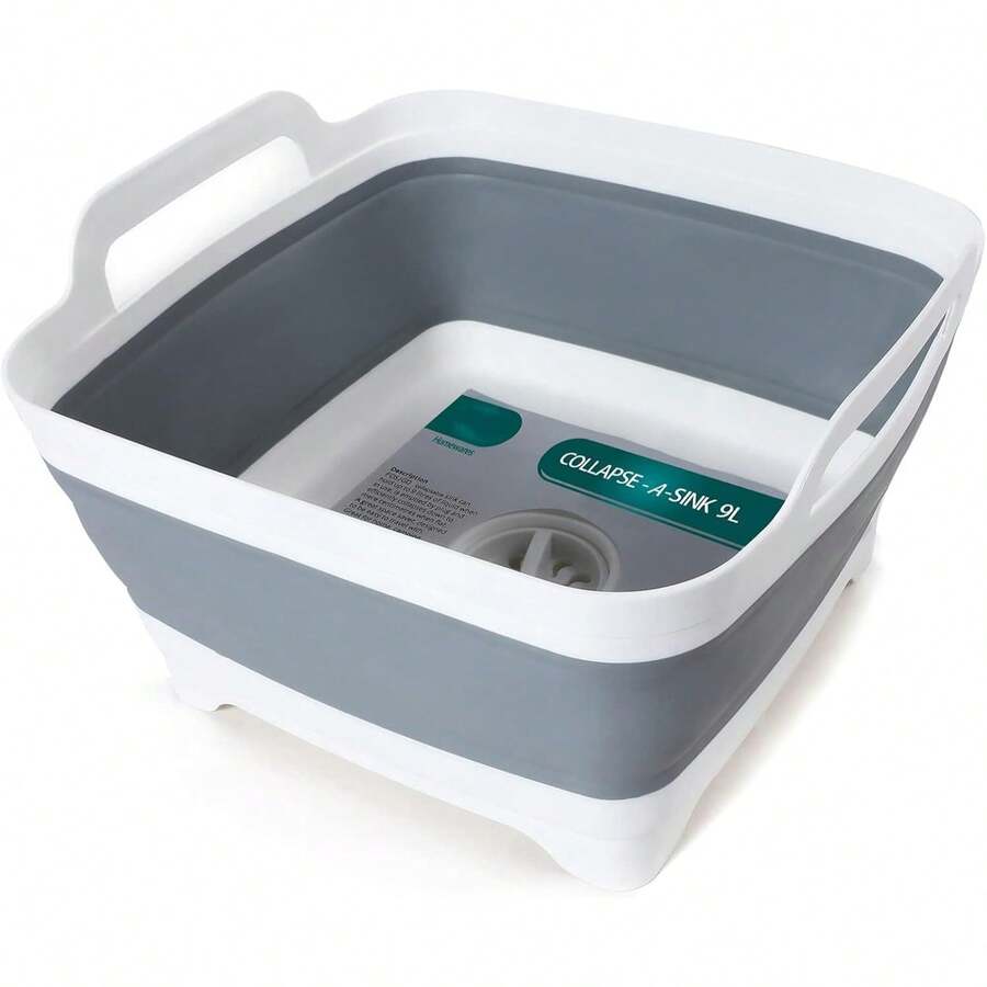 Collapsible Dish Basin With Drain Plug, 2.4 Gal (9L) Space-Saving Foldable Sink, Wash Basin For Kitchen, Baby Bottles, Vegetable Washing, Camping, RV And Party Beverage Tubs - 灰色 - 查看 1