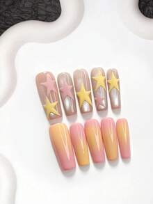 10片甜美風手工穿戴甲，Polygel美甲套組，星星圖案，黃色與粉色指甲油，柔美風格，附美甲工具，3種尺寸可選，杏仁形、鴨嘴形、棺材形，適合派對、舞蹈、日常配戴 - 彩色 - 查看 14
