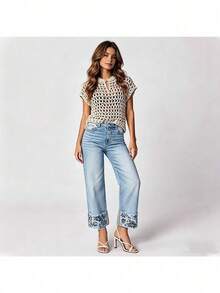 Pantalones vaqueros rectos de talle medio bordados de moda para mujer, artículo muy vendido y popular - Azul - Ver 2