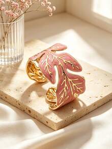 VceTd 1pc Naturalistic Style Colorful Enamel Leaf Design Stainless Steel Open Bangle Bracelet For Women, Suitable For Casual, Vacation Or Party Wear - Yellow Gold - View 2