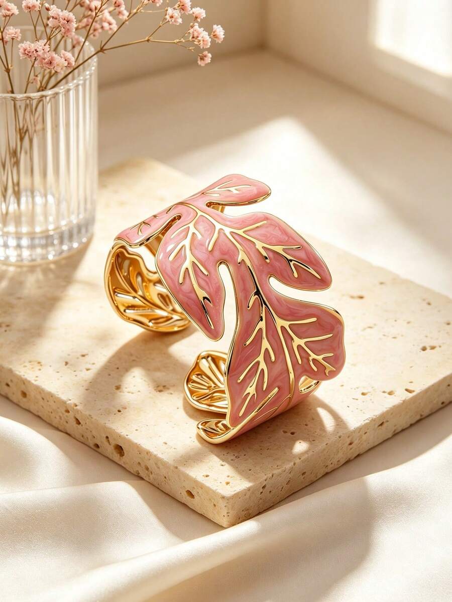 VceTd 1pc Naturalistic Style Colorful Enamel Leaf Design Stainless Steel Open Bangle Bracelet For Women, Suitable For Casual, Vacation Or Party Wear