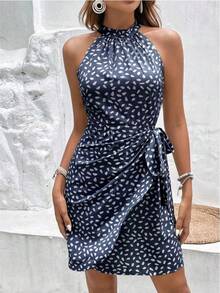 CZJ Women's Summer Dress 2026, New, Halter Neck, Zipper Closure, Sleeveless, Floral Print And Pleated - 藏蓝色 - 查看 1