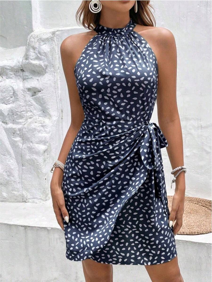CZJ Women's Summer Dress 2026, New, Halter Neck, Zipper Closure, Sleeveless, Floral Print And Pleated - 藏蓝色 - 查看 1