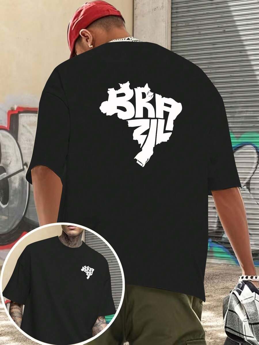 Camiseta de manga corta para hombre, estilo casual urbano, con grafiti pintado a mano y estampado de doble cara. - Negro - Ver 1