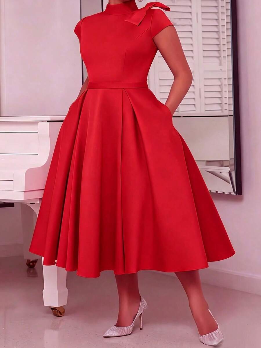 NOU Elegant Lady Style Bow Tie Small Stand Collar Cap Sleeve Short Sleeve A-Line Waist-Defining Mid-Length Dress For Women, Flattering Proportion, - Red - View 1