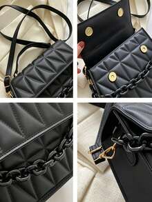 1pc New Fashion Shoulder Crossbody Bag, Minimalist Diamond Quilted Handbag, Can Be Paired With Portable Small Wallet, Women's Handbag, Women's Shoulder Bag, Small Wallet, With Detachable Shoulder Strap, Suitable For Women, Teenagers, College Students, New Professionals And White-Collar Workers, Suitable For Office, College, Work, Business And Daily Use, Halloween Gift, Valentine's Day, Mother's Day, Birthday Gift - Black - View 5