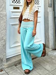 Women Y2k Striped Fold Over Pants Low Rise Yoga Pants Lounge Bottoms Color Block Wide Leg Flare Leggings Sweatpants - 藍色 - 查看 3
