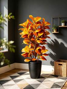 Kmitang 85-125cm Large Artificial Banyan Plants Fake Ficus Tree Branch Autumn Tree Leaves Faux Tropical Palm Plant Red Leafs Plastic Fiddle Leafs Tall Faux Rubber Tree For Home Shop Autumn Party Decor Without Pot 1pc - Multicolor - View 5