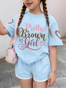 Tween Girl Print Pattern (Pretty Girl, Letter And Heart Pattern) Round Neck T-Shirt + Shorts Summer New Style Daily Comfortable Girls Set - Baby Blue - View 1