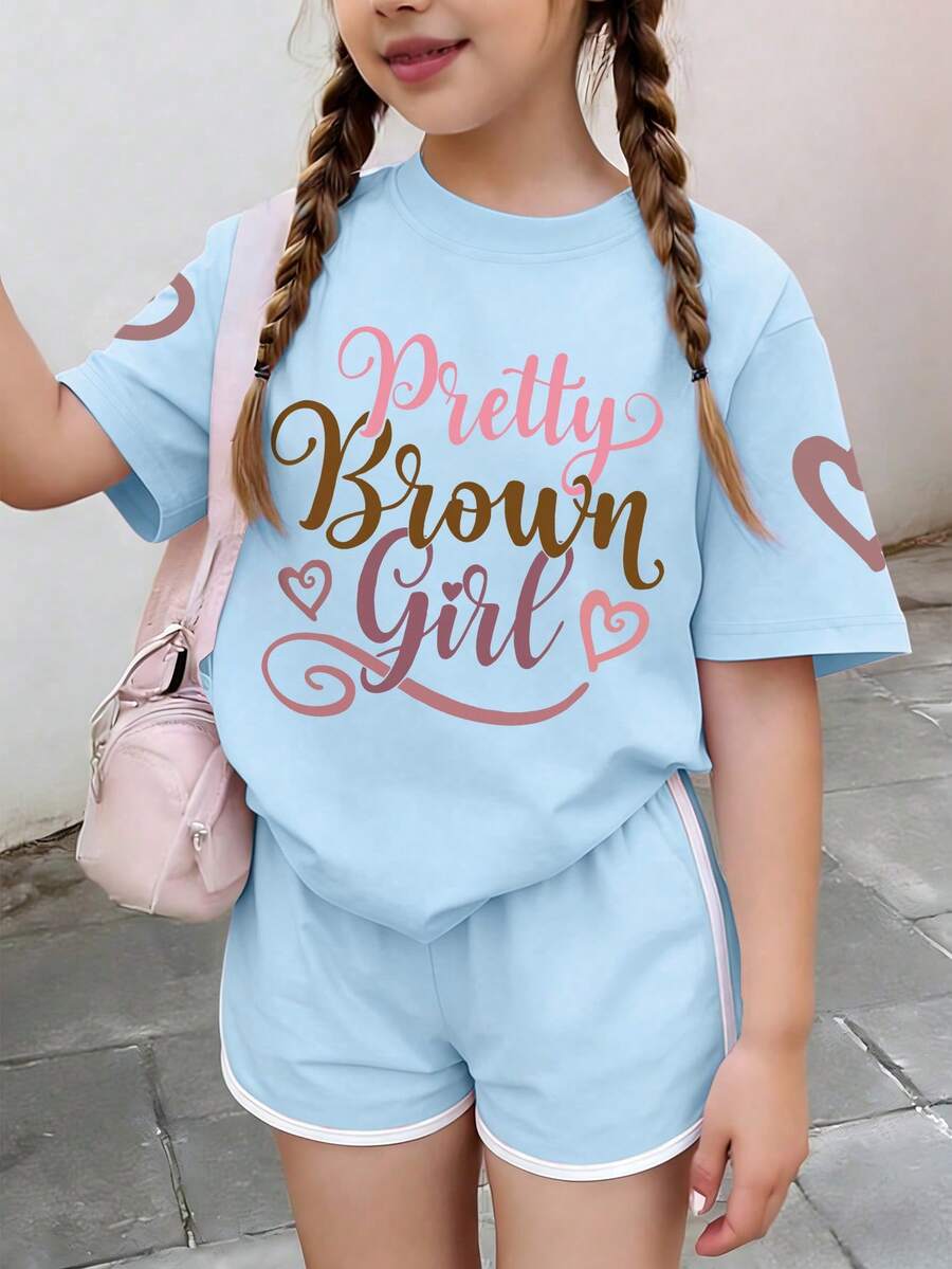 Tween Girl Print Pattern (Pretty Girl, Letter And Heart Pattern) Round Neck T-Shirt + Shorts Summer New Style Daily Comfortable Girls Set - Baby Blue - View 1