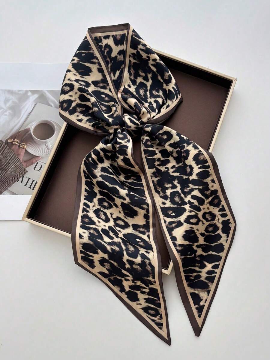 Doppelseitiges Pferde-Leoparden-Zebra-Kettenmuster Damen Satin Halstuch Kleid Shorts Gürtel Taschen Hüte Band Taillenband - brauner Leopardenmuster - Übersicht 1