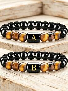 YAUKIA Gothic Men'S Tiger'S Eye & Obsidian Protection 26 Letters Bracelet , Summer Minimalist Jewelry , Brings Inner Strength, Optimism And Courage - Multicolor - View 1