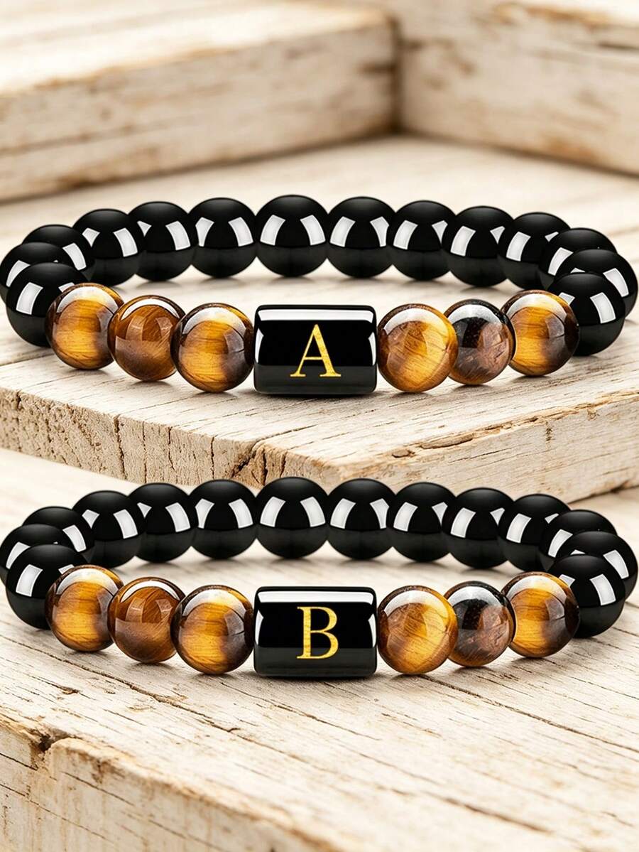 YAUKIA Gothic Men'S Tiger'S Eye & Obsidian Protection 26 Letters Bracelet , Summer Minimalist Jewelry , Brings Inner Strength, Optimism And Courage - Multicolor - View 1