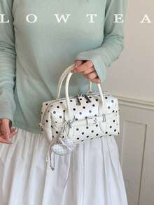 Low Tea 1pc Colorblock PU Fabric Handbag Women's Retro Fashion Square Handbag Top Dual Handle Design Zipper Closure Detachable Adjustable Shoulder Strap Shoulder Crossbody Hand Carry Suitable For Commuting, Outdoor, Travel, Outing (With Pendant) - White - View 2