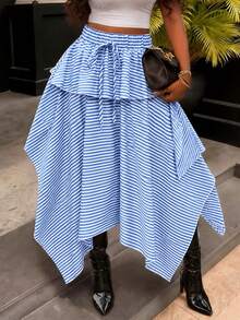 Women's Summer Casual Striped Ruffle Asymmetric Hem Drawstring Waist Skirt - Multicolor - View 4