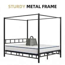 HOMBCK Metal Canopy Bed Frame, Queen Bed Frame With Metal Slats Support,Mattress Foundation, No Box Spring Needed, Easy Assembly, Bedroom Deccor, Christmas Decorations, Bedroom Furniture, Full/ Queen, Black - 黑色 - 查看 2