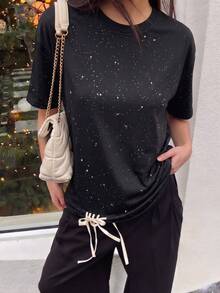 1pc Leaf Print T-Shirt For Women, Casual Street Style, Spring/Summer - Black - View 3