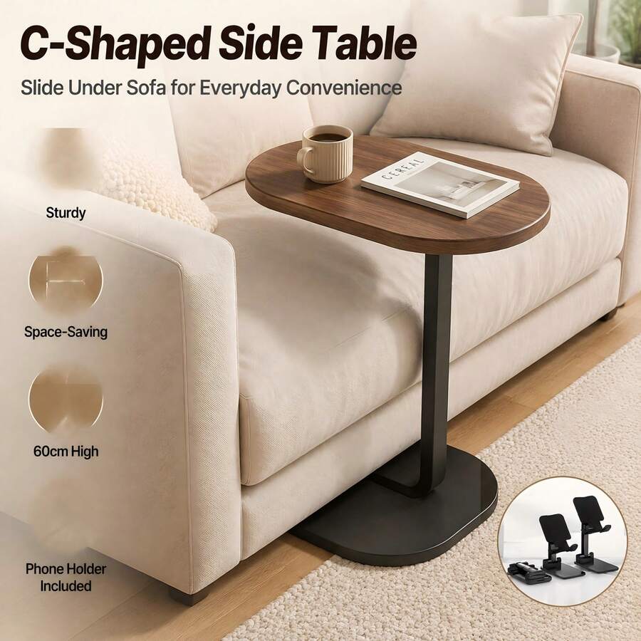 C-Shaped Compact Sofa Side End Table Coffee Laptop Table Living Room Bedroom UK - Brown - View 1