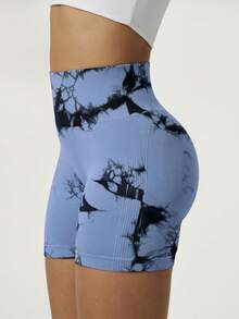 Shorts de fitness de mujer con teñido anudado púrpura de moda de verano, shorts de running sin costuras acanalados de cintura alta con control de abdomen, pantalones deportivos de color bloque azul/negro con teñido anudado de ajuste ceñido para exteriores, pantalones deportivos casuales para exteriores, adecuados para gimnasio, yoga, entrenamiento, ciclismo, uso casual al aire libre, shorts deportivos diarios para mujer, primavera/verano/otoño/invierno - Azul - Ver 6