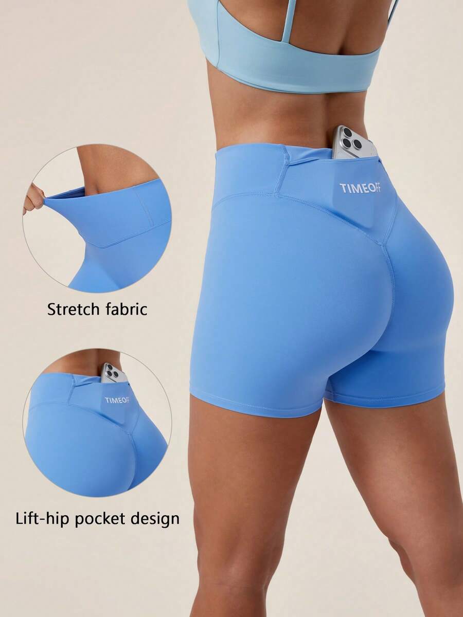 TimeOff Celana Pendek Olahraga Wanita 1 Potong Warna Polos dengan Kantong di Belakang Pinggang, Ketat, Pinggang Tinggi, dan Kontrol Perut - Baby Blue - View 1
