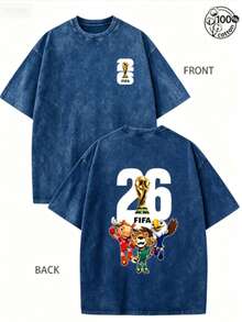 FIFA-2026 World Cup, World Cup T-Shirt, Soccer T-Shirt, Football Tee, 230G Washed High-Quality Cotton Printed Men's T-Shirt; 100% Cotton - 藍色 - 查看 1