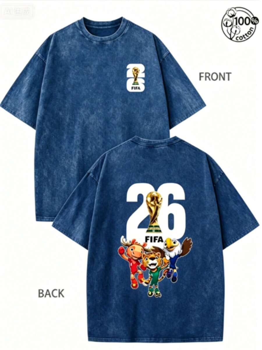 FIFA-2026 World Cup, World Cup T-Shirt, Soccer T-Shirt, Football Tee, 230G Washed High-Quality Cotton Printed Men's T-Shirt; 100% Cotton - 藍色 - 查看 1