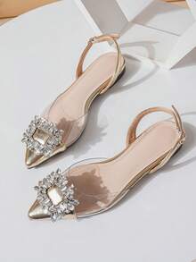 Sexy Pointed Toe Single Strap Gold Sandals Women Spring 2026 New French Low Vamp Rhinestone Flat Shoes - Gold - View 6