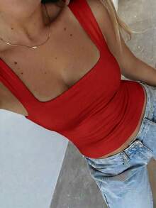 Vaiaye Women's Solid Color Square Neck Fitted Casual Tank Top, Minimalist Solid Color I-Shape Tank Top, Suitable For Daily Commute, Spring/Summer Red - Red - View 6