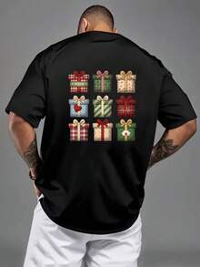 Camiseta de hombre con hombros caídos, caja de regalo, regalo navideño con estampado de doble cara, camiseta de hombre de corte holgado, ropa de hombre de estilo moderno y actual, camiseta d - Negro - Ver 3