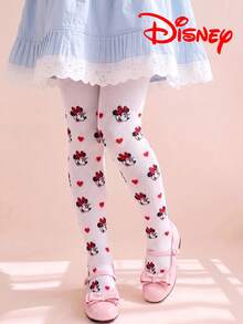 1 Pair Authentic Disney Girls' White Vertical Striped Tights, Little Girl Princess Style Mickey Minnie Pattern Party Gift Leggings, Comfortable And Breathable Suitable For Students, Gifts And Daily Use - Multicolor - View 1
